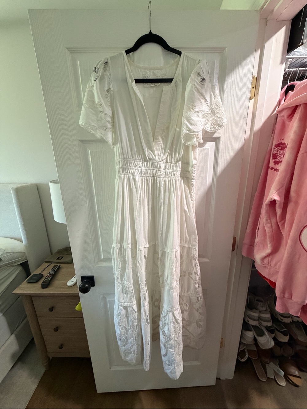 Anthropologie White Embroidered V-Neck Maxi Dress